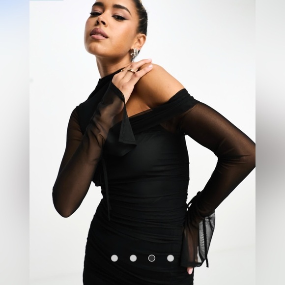 NEW ASOS DESIGN Black Asymmetric One Sleeve Mesh Ruched Midi Dress UK12/US8 - Picture 4 of 13